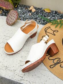 Plus Size Women's Fashion White Strap Buckle Open Toe Chunky Heel Sandals, Elegant Backless Comfortable Versatile High Heel Sandals - White - View 6
