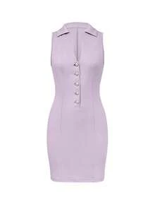 1件纯色夏季时尚新款Polo领无袖修身连衣裙，优雅 - 淡紫色 - 查看 4