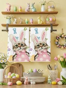 2条猫咪兔耳图案厨房毛巾，复活节主题，可作厨房擦手巾、茶巾等使用。 - 白色 - 查看 7