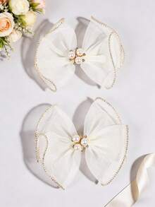 2pcs/Set Girls White Mesh Bow Hair Clips, Elegant Pearl Rhinestone Alligator Hair Clips, Solid Color Ballet Style Hair Clips, Graceful Gift For Girls, Wedding, Daily Wear, Spring - White - View 1