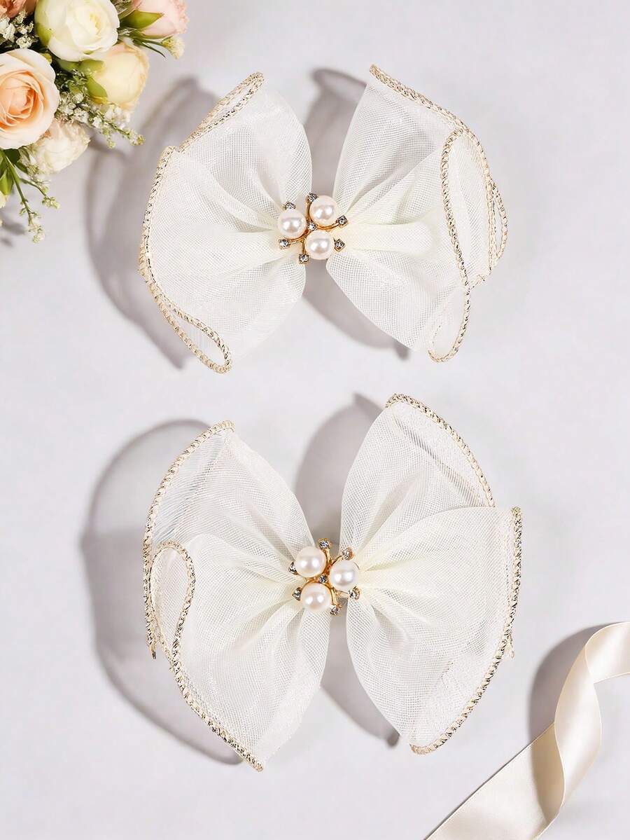 2pcs/Set Girls White Mesh Bow Hair Clips, Elegant Pearl Rhinestone Alligator Hair Clips, Solid Color Ballet Style Hair Clips, Graceful Gift For Girls, Wedding, Daily Wear, Spring - White - View 1