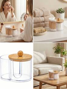 2-In-1 Bamboo Lid Transparent Plastic Storage Box, Desktop Makeup Organizer Box With Double Round Holes, Transparent Cosmetic Storage Box With Dual Compartments - Modern Vanity Table Storage Box With Lid, Bathroom Vanity Organizer, Suitable For Makeup Brushes, Lipsticks, Beauty Tools Bag, Makeup Bag, Toiletry Bag, Desk Organiser, Cosmetic Bag, Makeup Pouch, Make Up Organizer, Vanity Accessories, Make Up Pouch, Make Up Bags, Jewellery Box, Pouch, Makeup Brush Holder, Brush Holder, Perfume Organiser, Pouch Bag,Gifts For Women,Christmas Gifts,Gift Ideas For Women - Clear - View 5