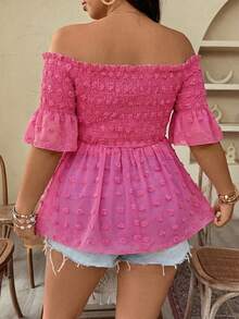 Plus Size Women's Solid Color Off Shoulder Ruffle Trim Casual Versatile Blouse - Hot Pink - View 2