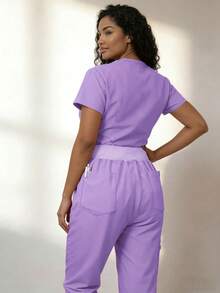 Women's Workwear Set - V-Neck Top And Sports Pants With Zipper Side Pockets, Anti-Pilling Breathable Uniform Spring - Lilac Purple - View 4