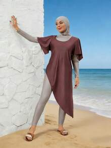VFJ Burkini pour femmes : Maillot de bain une-pièce à col rond haute élasticité avec couvre-chef et chapeau, style décontracté, convient pour une tenue de bain modeste, vacances à la plage - Fushia - Voir 3