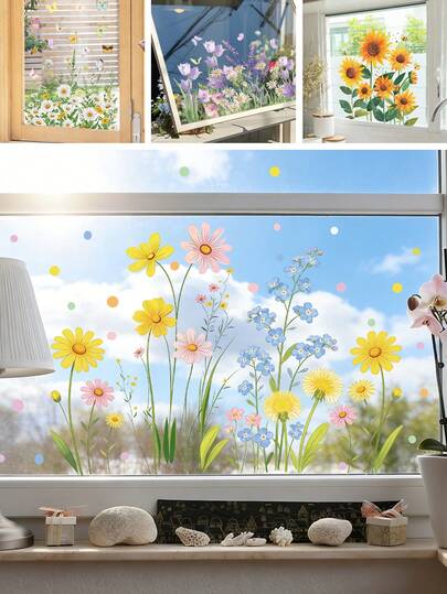 BRUP 1/2sheets/Set Spring Flower Window Cling, Reusable PVC Glass Decals, Static Cling Kids Room Decorations, Suitable For Bedroom And Living Room Window Decoration, Pastoral Flower Art