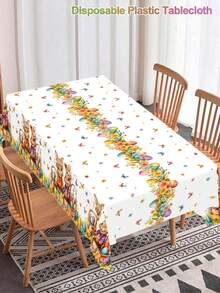 1件复活节桌布，卡通兔子、彩蛋和花环图案，130*220厘米一次性塑料长方形复活节桌布，复活节野餐家居厨房餐桌装饰，春季节日用品 - 彩色 - 查看 9