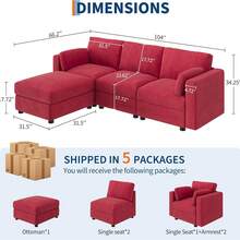 Sofá Seccional Modular de 4 Asientos, Sofá Seccional Largo de 104 Pulgadas, Sofá Moderno en Forma de L con Otomano, Asiento Profundo, Sofá Modular Convertible de gran tamaño para la Oficina del Apartamento de la Sala de estar, Chenilla, Rojo - Rojo - Ver 2