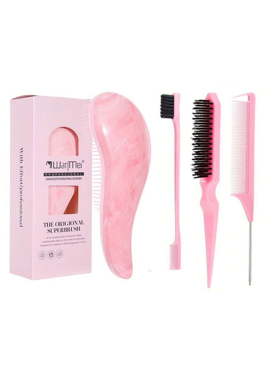 Bộ lược tạo kiểu tóc 4 món WanMei, bộ lược gỡ rối, lược chống tĩnh điện, lược chải viền tóc, lược đuôi chuột, bộ dụng cụ tạo kiểu tóc cho mọi loại tóc, bộ chăm sóc tóc màu hồng cẩm thạch. - Nhiều màu - Xem 1