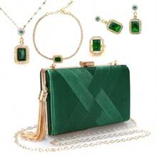5 piezas de bolsos de mano para mujer juego de joyería con collar aretes anillo pulsera bolso de mano vintage para banquete con cadena desmontable para regalo de boda fiesta suministros-B040 - como en la foto - Ver 9