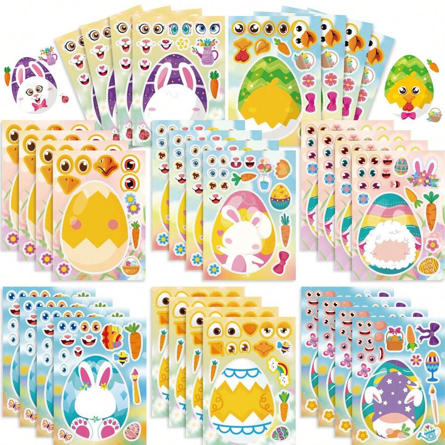 8/16/32 Stücke Ostertiermotiv Aufkleber Set, mit Ostereienmotiven, DIY Aufkleber beinhalten Hase, Eier, Küken, Schalen, Schafe und mehr, geeignet für Kinder, Osterkorb Füllungen, Partydekoration, Geschenktüten Füllungen - Ostern - Übersicht 1