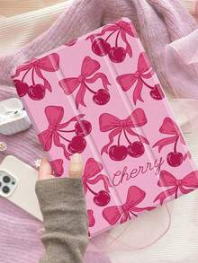 Cherry & Bow Pattern Compatible With IPad Case Auto Wake Sleep Tri-Fold Stand Shockproof With Pen Holder Compatible With IPad 10/Air 5/11 M3/Pro 11 - Pink - View 1