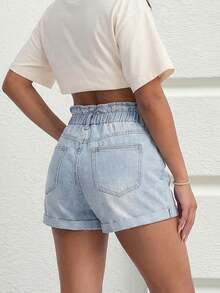 女式松紧腰翻边牛仔短裤 - 淺色水洗藍 - 查看 4