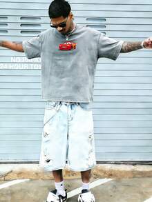 Disney-Racing Mobilization Lightning McQueen Pure Cotton Short Sleeved T-Shirt For Men's Summer Doing Old Water Washed Loose Large Top With Front And Rear Printed Casual Half Sleeve Parent Child Wear - 淺灰色 - 查看 2