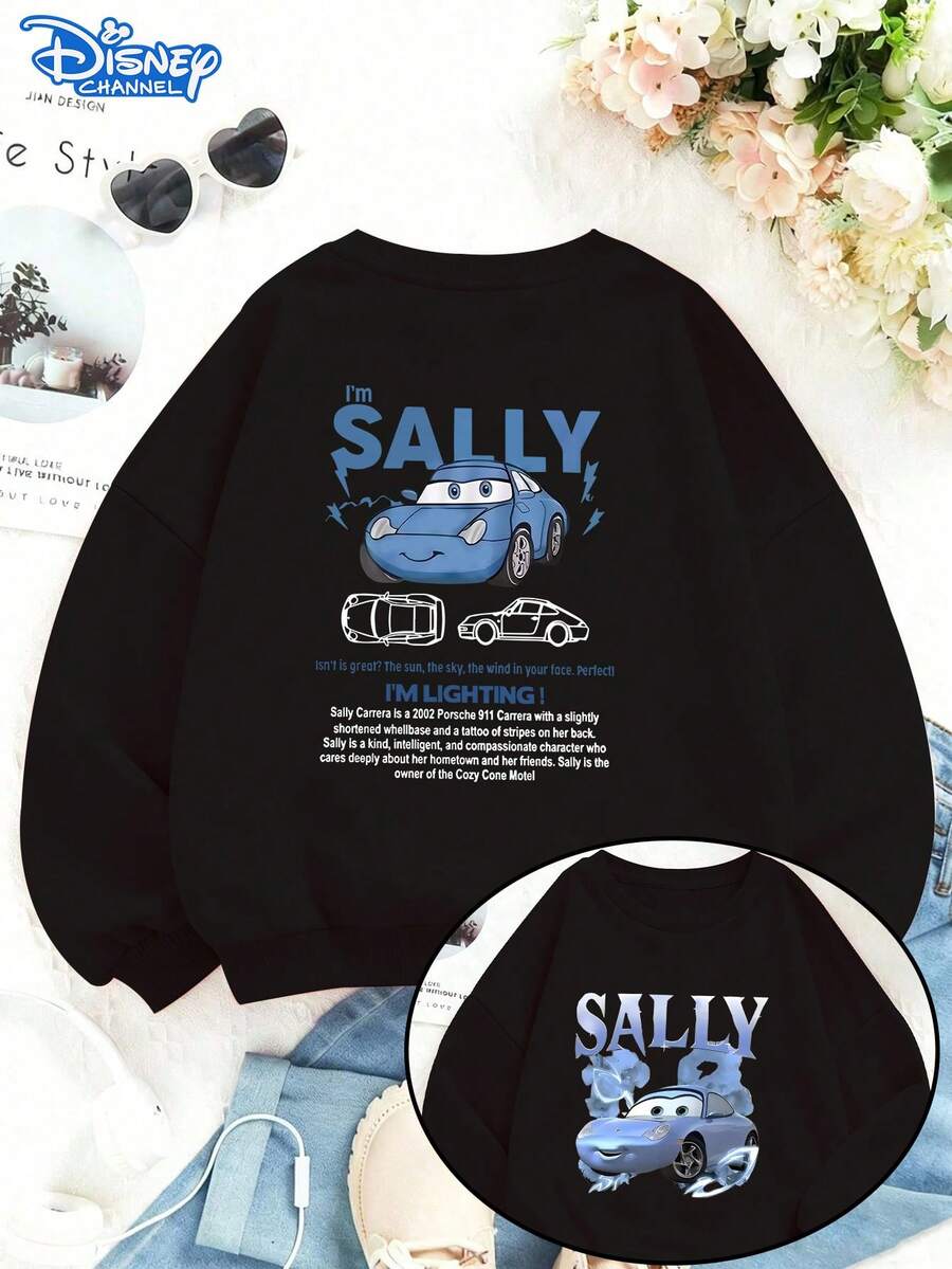 Retro Disney Cars Sally Graphic Sweatshirt, Oversized Silhouette, Vibrant Blue Print, Breathable & Warm, Great For Layering, Unisex - màu đen - Xem 1