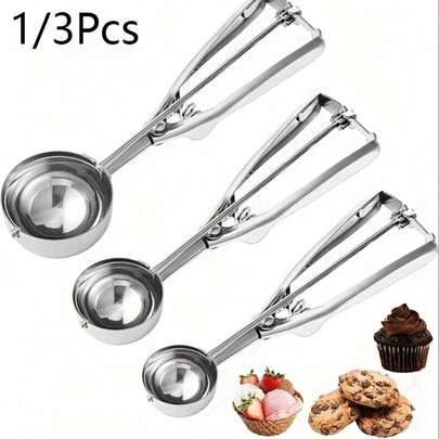 1/3 piezas Cuchara para helado, galletas y masa de acero inoxidable con mecanismo de liberación, apta para cupcakes, helado, panqueques, albóndigas, bolas de melón