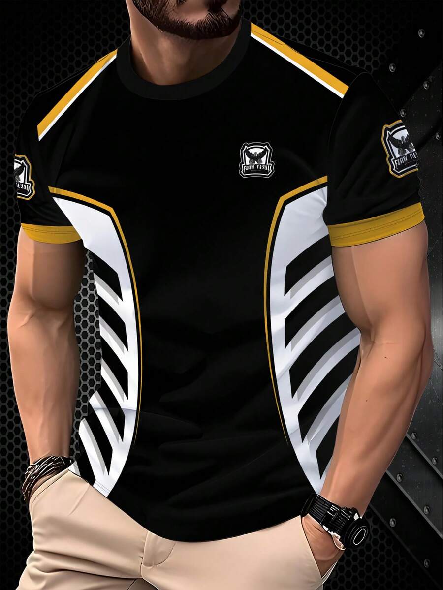 Men's 3D Print Fashionable T-Shirt, 100% Polyester, Striped Pattern Print - White - View 1