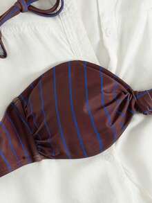 PEPPERMOLLY Bộ bikini dự tiệc thanh lịch, mềm mại, in sọc, có dây đeo điều chỉnh được, kiểu buộc sau lưng, thích hợp cho mùa hè, đi biển, nghỉ mát. - Nâu đỏ - Xem 5