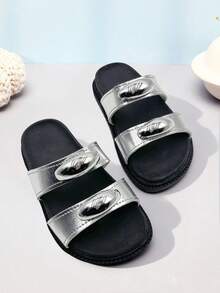1 Pair 3-10 Years Old Girls' Black & Silver Metallic Buckle Sandals, Soft PU Non-Slip Thick Sole Open Toe Double Strap Flat, Fashionable Luxury Style, Summer Outdoor/Daily Wear - Silver - View 4