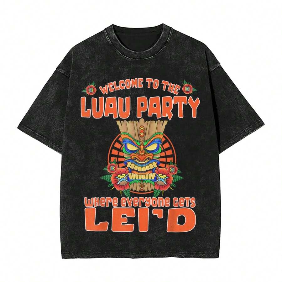 Tiki Everyone Gets Leid Party Hawaiian Beach Luau Washed T-Shirts Novelty Summer Tees Streetwear Print Cotton Tops - 黑色 - 查看 1