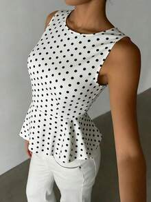 1 pieza Camiseta de mujer de cuello redondo con estampado de lunares tejidos, adecuada para vacaciones y casual de verano blanco - Blanco - Ver 3