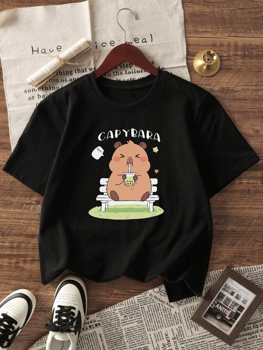 A children's clothing base short sleeved top, male/female, regular length, made of comfortable, breathable and machine washable fabric, suitable for daily outdoor travel and play, casual wear, versatile clothing for spring, autumn and summer - Negro - Ver 1