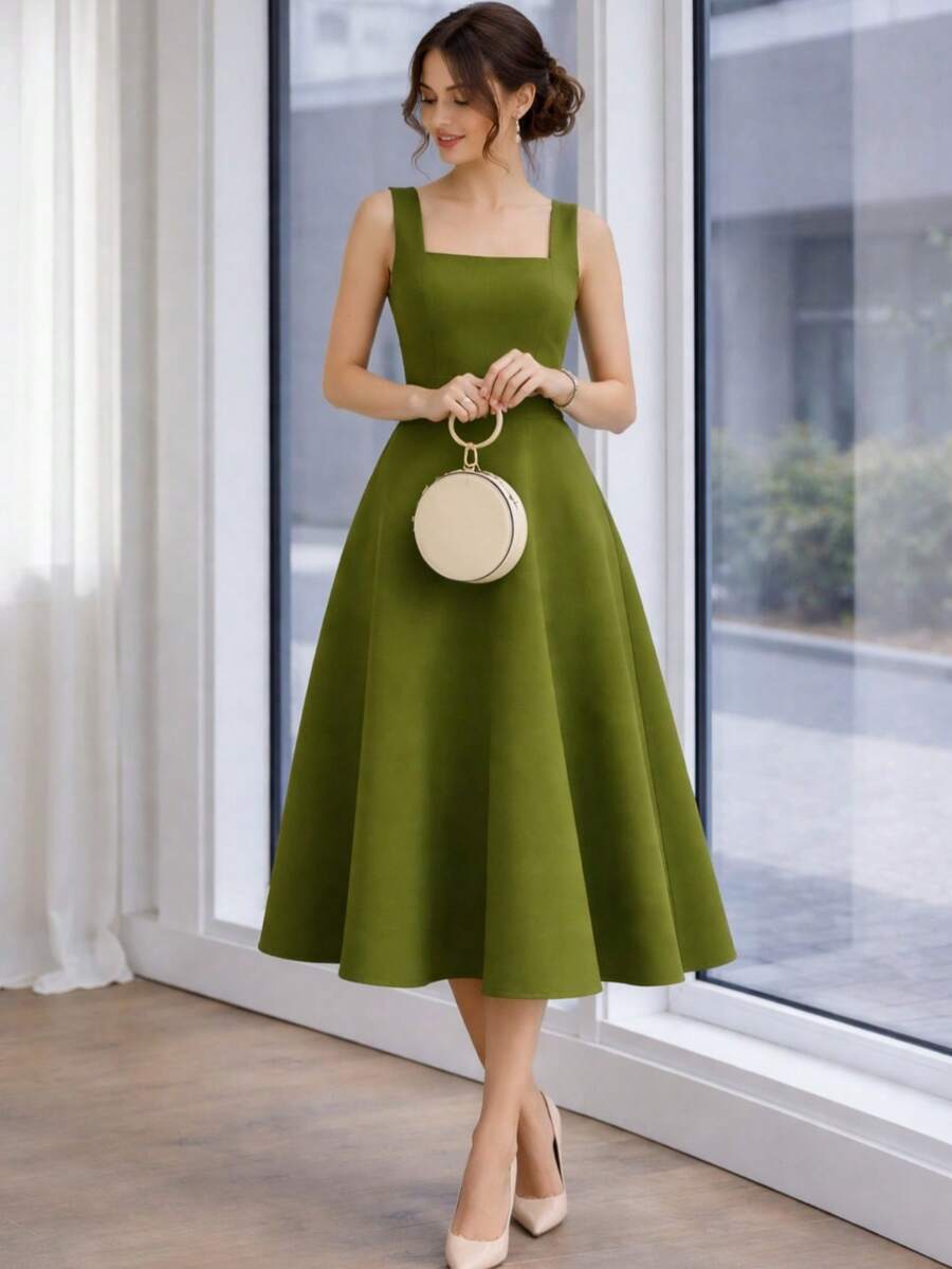 Women's Midi Dress With Square Neckline And Defined Waist - 酪梨綠 - 查看 1