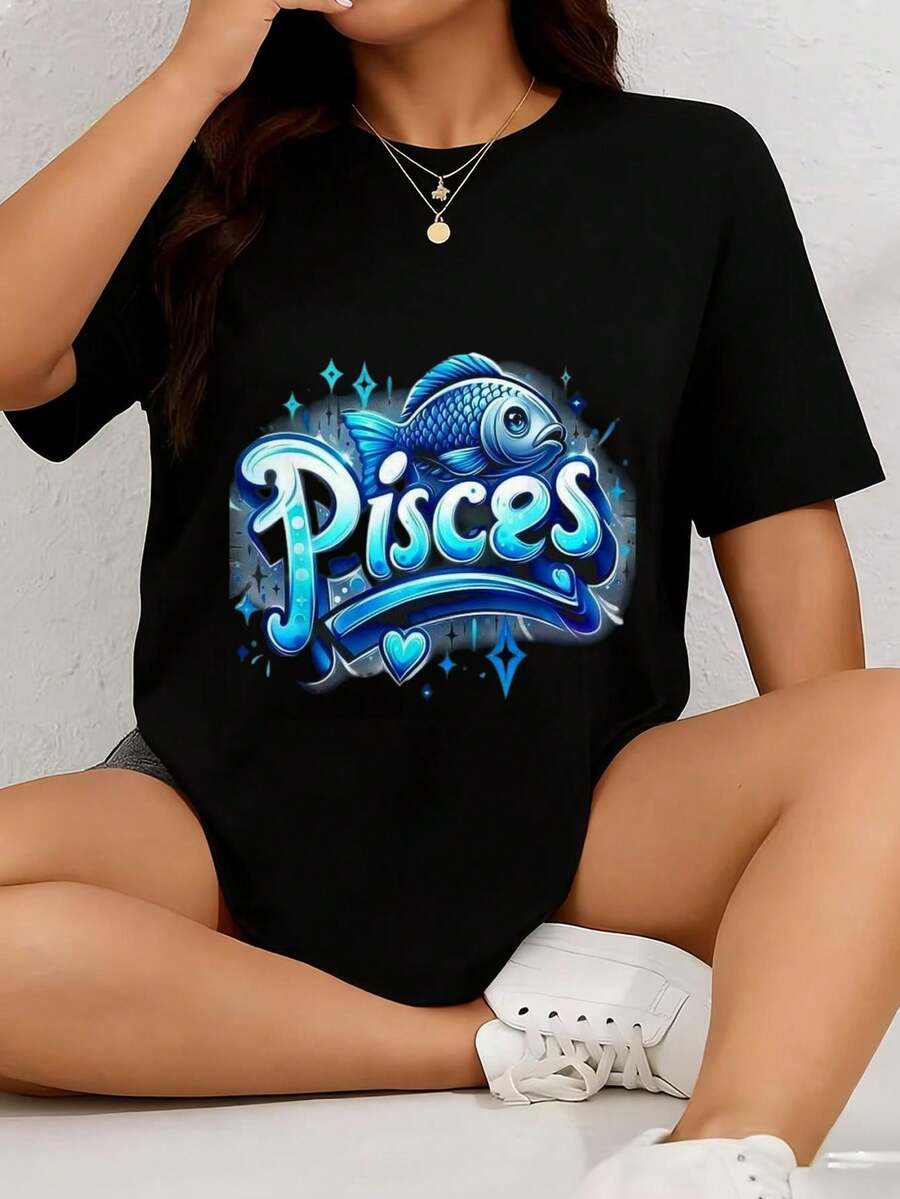 Women's Cotton Crew Neck Short Sleeve "Airbrush Pisces" Retro Zodiac Graphic T-Shirt, Casual Tops Women - Black - View 1
