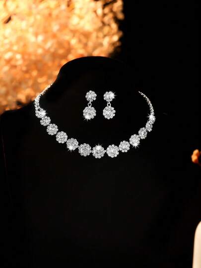 3pcs Luxury Rhinestone Necklace & Earrings Jewelry Set, Elegant Versatile Accessories Suitable For Women's Daily Commute, Wedding, Party, Gift