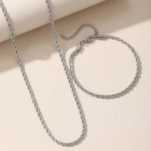 2 Peças Conjunto de Joias de Estilo Hip-Hop Clássico, Cor Dourada/Prateada, Colar de Corda Trançada de 4mm e Pulseira, Moda Feminina e Masculina, Joias de Hip Hop de Alta Qualidade - Colar + Pulseira - Visão 5