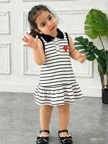 Baby Girls Cute Striped Heart Embroidery Collar Dress, Casual Daily Dress For Little Girls - Black - View 1