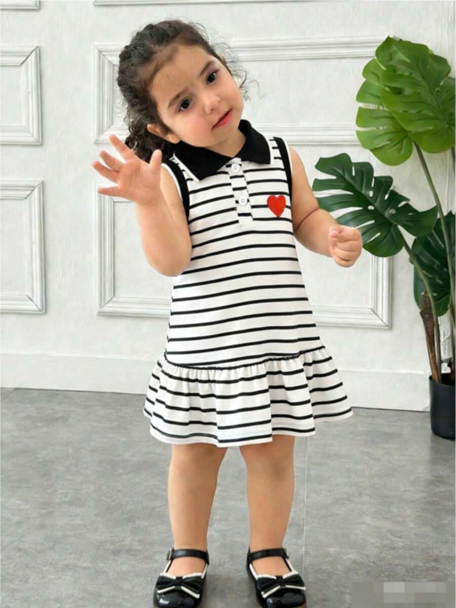 Baby Girls Cute Striped Heart Embroidery Collar Dress, Casual Daily Dress For Little Girls - Black - View 1