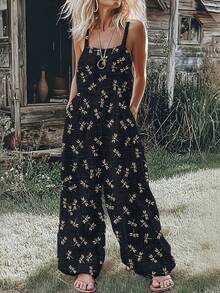 Dragonfly Print Wide-Leg Jumpsuit: Strapless Relaxed Fit Romper In Black With Cream Motif For Resort Vacations, Garden Parties And Casual Boho Style For Women. - Màu hỗn hợp 2 - Xem 3