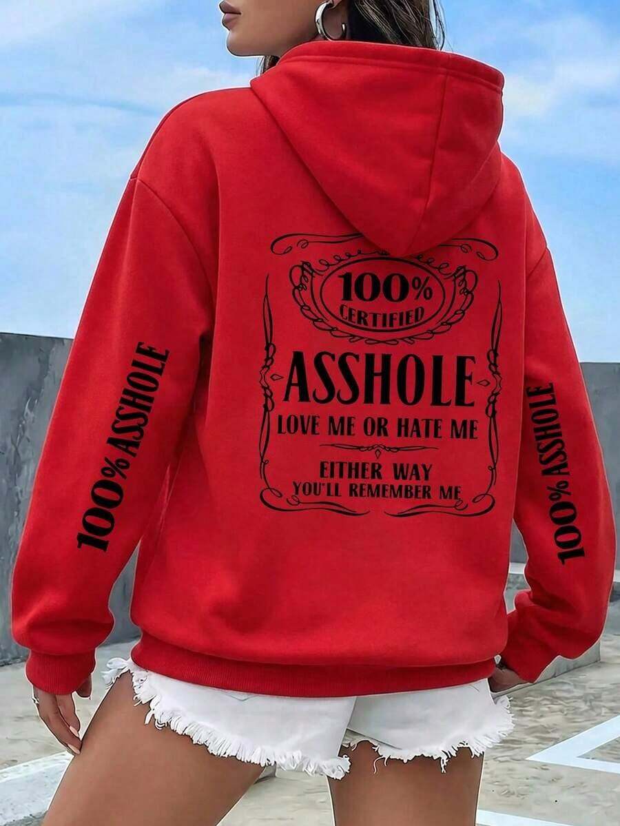 Plus Size Women Slogan Print Drop Shoulder Long Sleeve Casual Loose Thermal Lined Hoodie Sweatshirt, Autumn/Winter - Đỏ - Xem 1