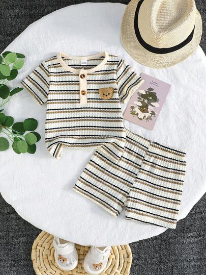 2pcs Infant Boy Striped Short Sleeve Outfit Set, Bear Patch Button Decor, Waffle Breathable Summer Suit