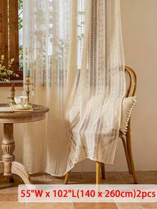 2片波西米亚风薄纱窗帘，法式奶油色蕾丝窗帘，美式农舍风格窗帘，适用于客厅、阳台、卧室 - 米色 - 查看 13