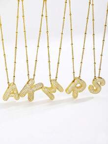 1pc Fashion Popular Crystal 26 A-Z Initial Letters Pendant Copper Zirconia Necklace For Women Men Punk Alphabet Name Necklace Stainless Steel Hip Hop Jewelry - Gold - View 1