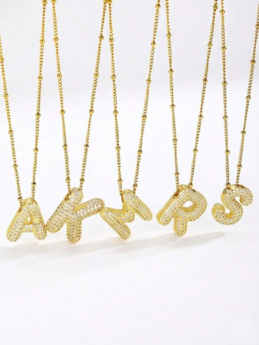1pc Fashion Popular Crystal 26 A-Z Initial Letters Pendant Copper Zirconia Necklace For Women Men Punk Alphabet Name Necklace Stainless Steel Hip Hop Jewelry - Gold - View 1
