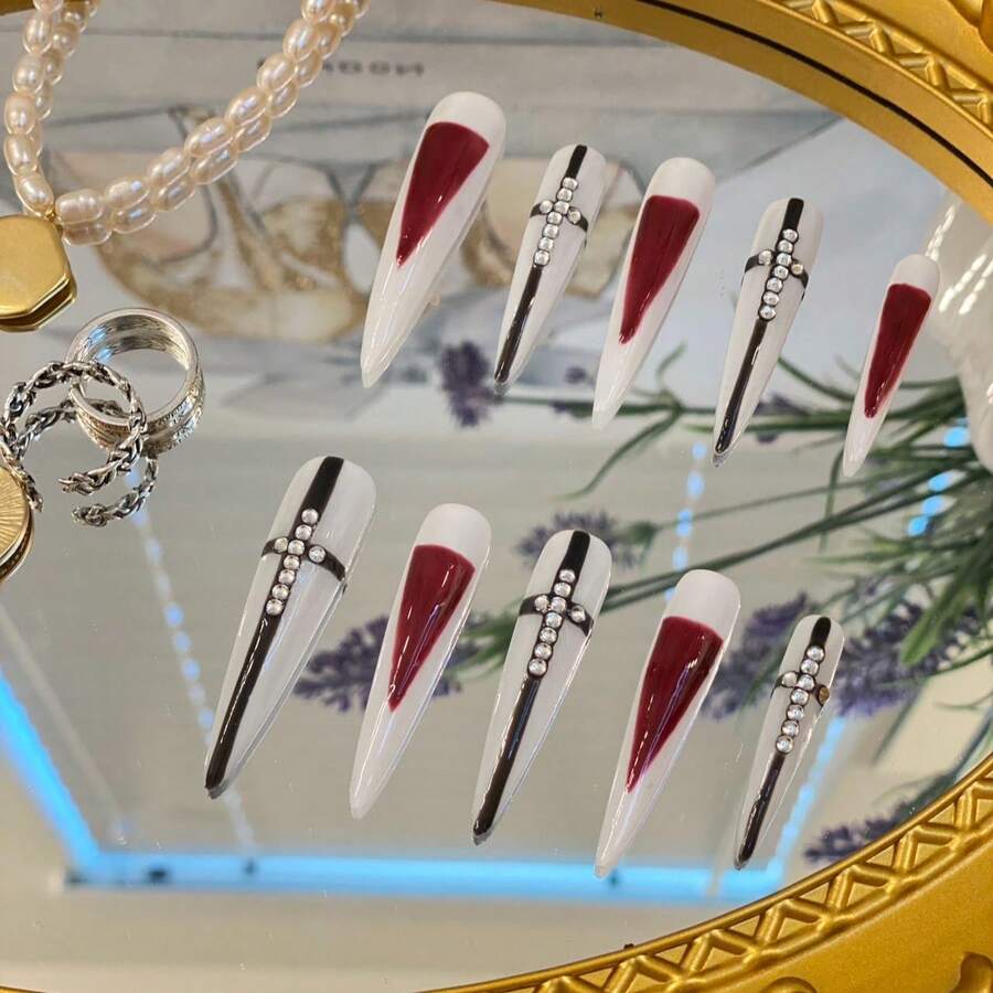 White, Red & Silver Metallic 2026 New Handmade Press On Nails, Extra Long Stiletto Shape , Removable Reusable Fashionable Unique False Nails - White, Red & Silver - View 1