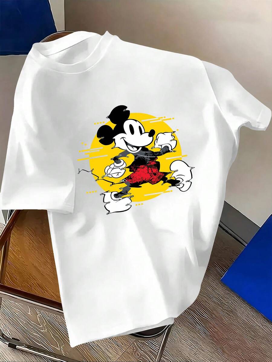 Disney Men's Casual T-Shirt With Disney Classic Mickey Mouse Cartoon Pattern Short Sleeve, Featuring Retro And  Design Details That Blend Retro And Street Style - 白色 - 查看 1