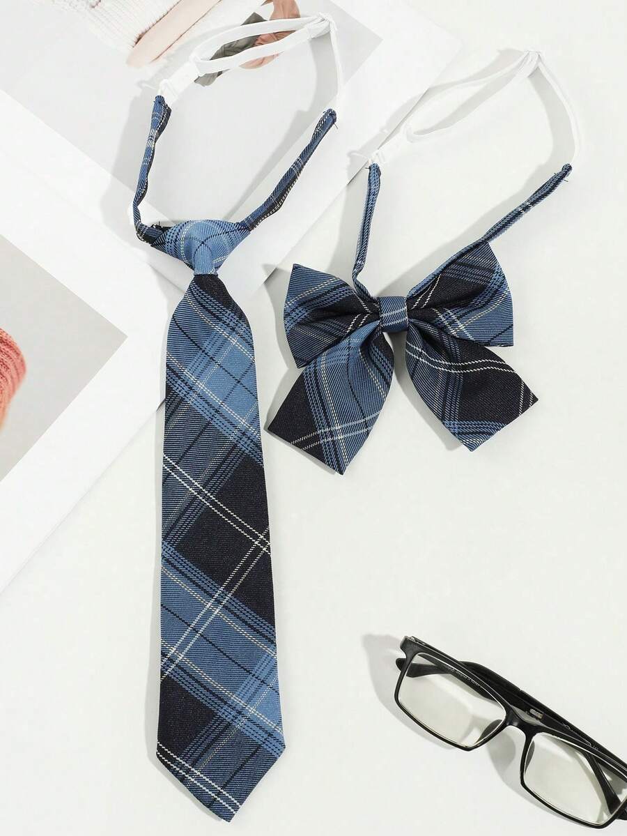 2pcs Women's Fashionable Minimalist Striped Bow Tie Set, Casual Versatile For Daily Wear, Party, Gift, JK Style - Multicolor - View 1