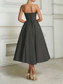 Elegante vestido de estilo princesa con escote en V, lazo decorativo, sin tirantes y espalda descubierta, ajustado y elegante para mujeres - Negro - Ver 3