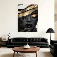 con marco1 pieza de arte de lienzo abstracto surrealista negro y dorado, retrato femenino, , moderno y retro, para decoración de paredes en sala de estar, dormitorio, cocina, oficina en casa - Pintura temática de moda interior, regalo perfecto para vacaciones, decoración estética de habitaciones. - Enmarcado - Ver 3