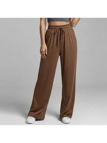 Kit 2 Calça Versatil Confortável Mulher Feminina Casual Wide Leg Cintura Elástica Cós Largo Sofisticado - Marrom e Palha - Visão 4