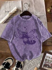 Áo thun ngắn tay cổ tròn tay lửng, chất liệu cotton, dáng rộng, đơn giản, họa tiết gấu trúc, dành cho nữ, cỡ lớn, thích hợp mặc mùa hè. - Màu tím - Xem 1