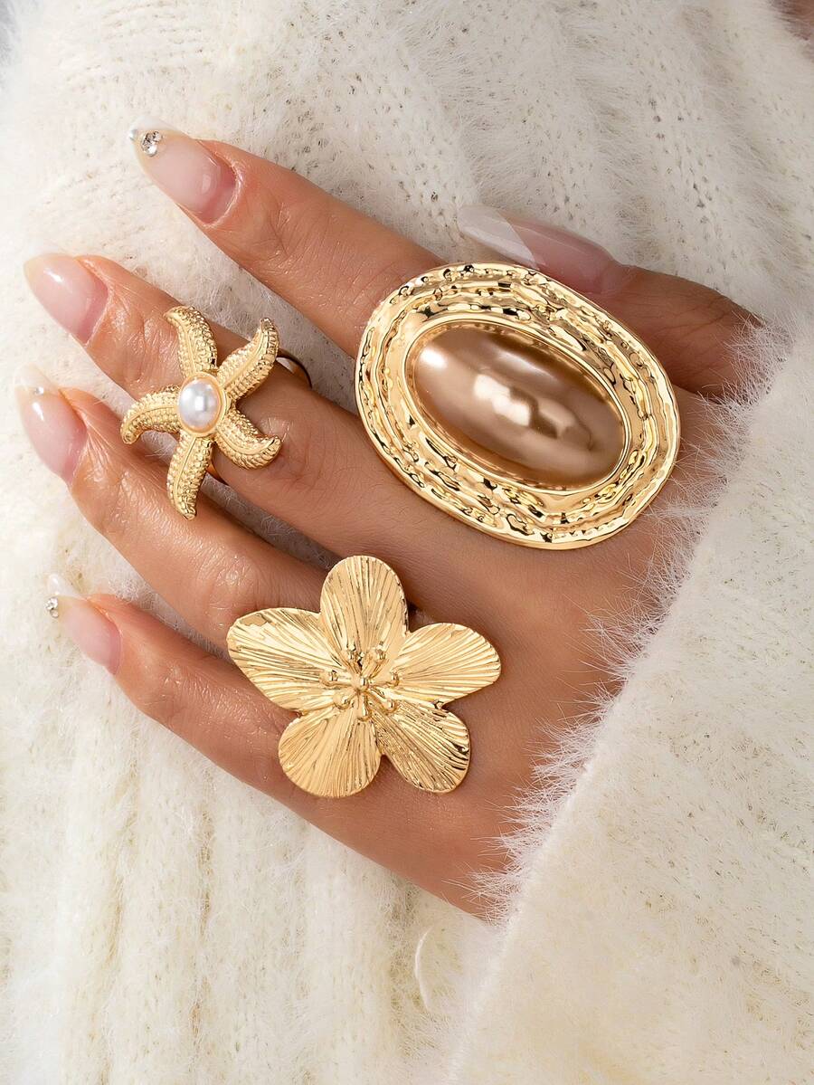 3件套波西米亚风芙蓉花、海星和夸张仿珍珠戒指套装，适合夏季度假海滩装扮和比基尼配饰 - 金色 - 查看 1
