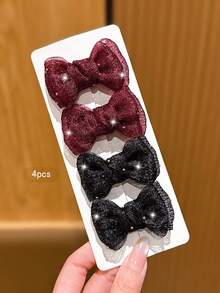 4pcs Black + Burgundy Bow Hair Clips, Suitable For Daily Use - Multicolor - View 3