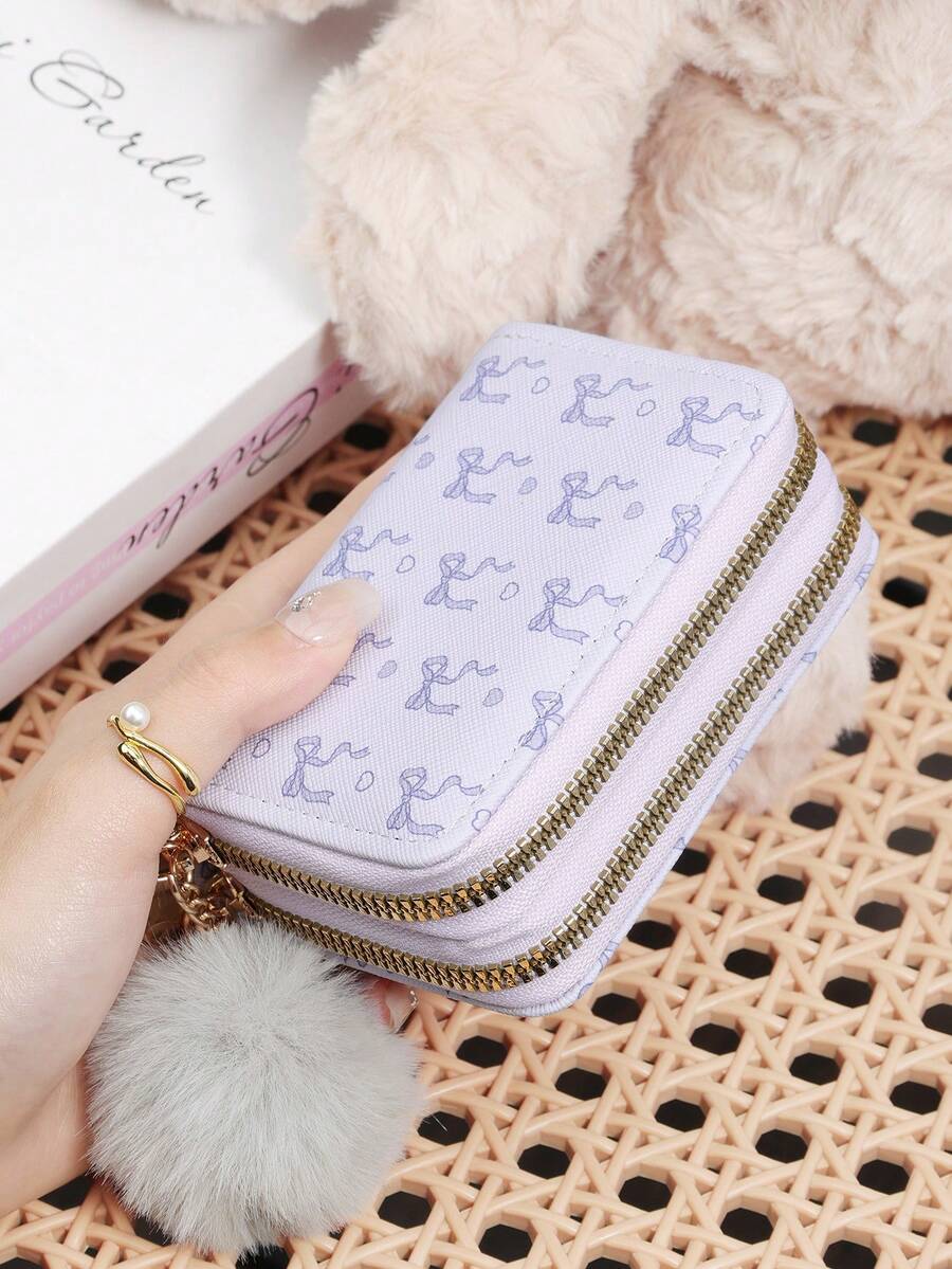 Ví da thời trang dễ thương in hình nơ, có khóa kéo, trang trí bằng quả bông nhỏ xinh, kiểu dáng tối giản, nhiều ngăn đựng thẻ tín dụng, ví đa chức năng dành cho nữ, ví mini, ví nhỏ đựng thẻ, ví đựng đồ dùng cần thiết khi đi biển, ví du lịch.