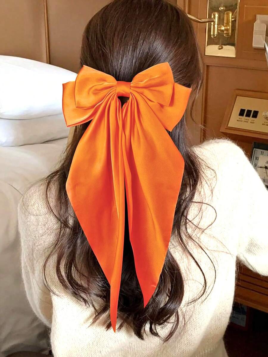1件裝女款橘色大號長緞帶亮面緞綢蝴蝶結優雅髮夾，適合婚禮、日常、旅行、休閒、度假、派對髮飾