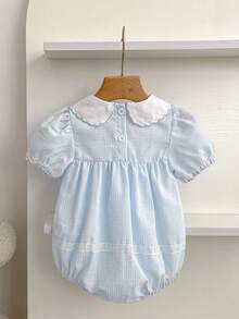 女婴夏季刺绣彼得潘领连体衣 - 淺藍色 - 查看 3